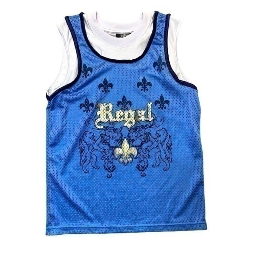 Jersey Top Boys Size 10-12 Blue White with Gold Graphic Design sleeveless Tank